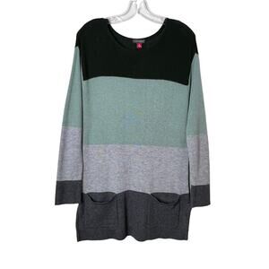 Vince Camuto Long Sleeve Striped Colorblocked Tunic Sweater Green Gray XS